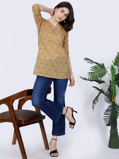 Women’s short kurti styling idea in mustard yellow by Rabric