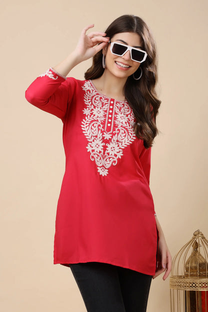 Comfortable designer kurti for women in Neon Red Crepe with embroidered detailing