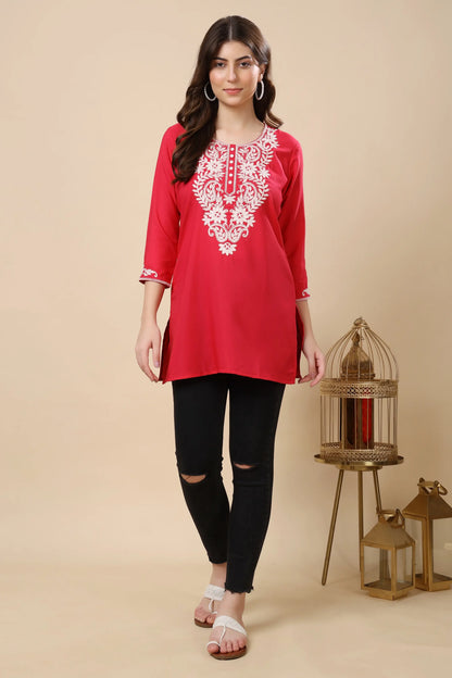 Soft crepe fabric ethnic wear kurti for women in Neon Red by Rabric