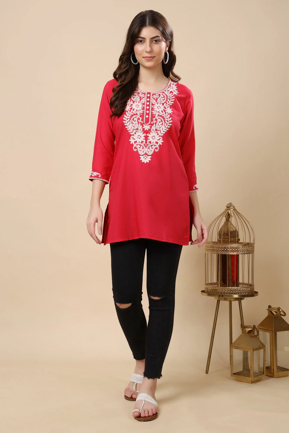 Soft crepe fabric ethnic wear kurti for women in Neon Red by Rabric