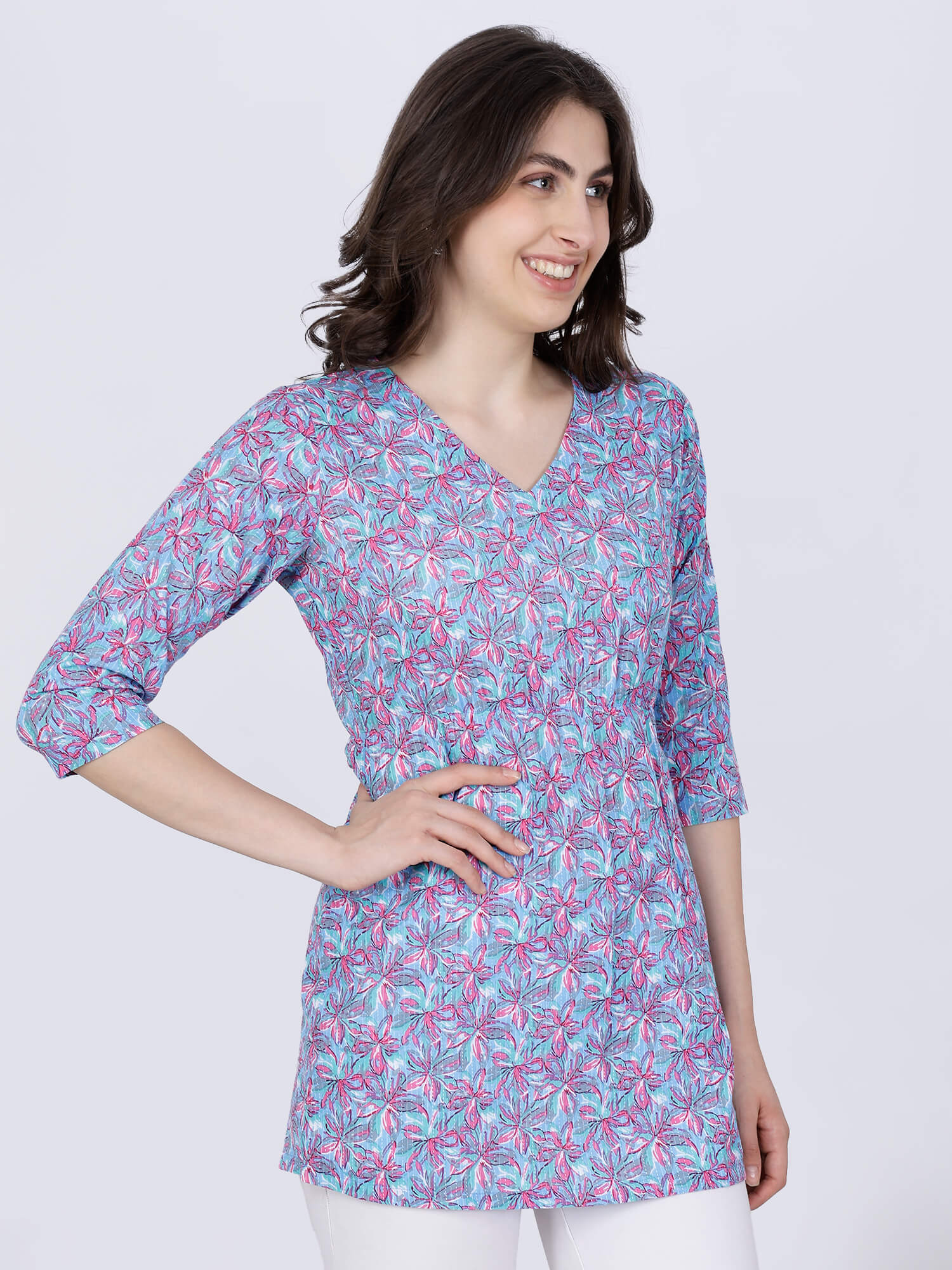 Stylish blue and pink short kurti for women by Rabric Stores