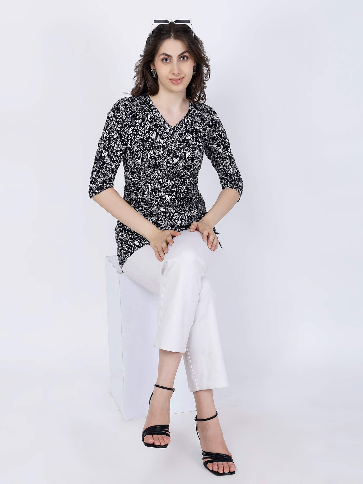 Rabric Floral Short Kurti styled for office wear