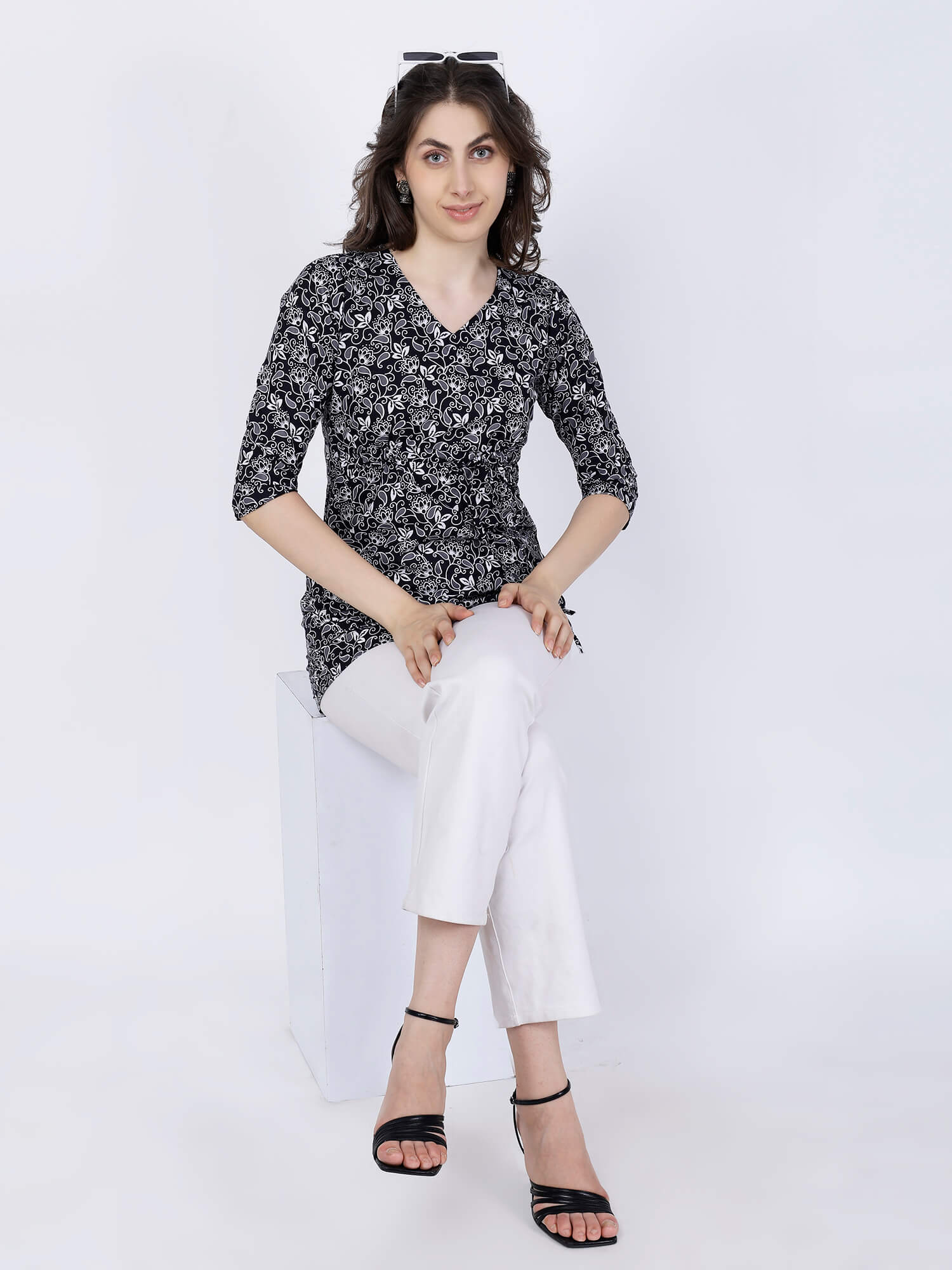 Rabric Floral Short Kurti styled for office wear