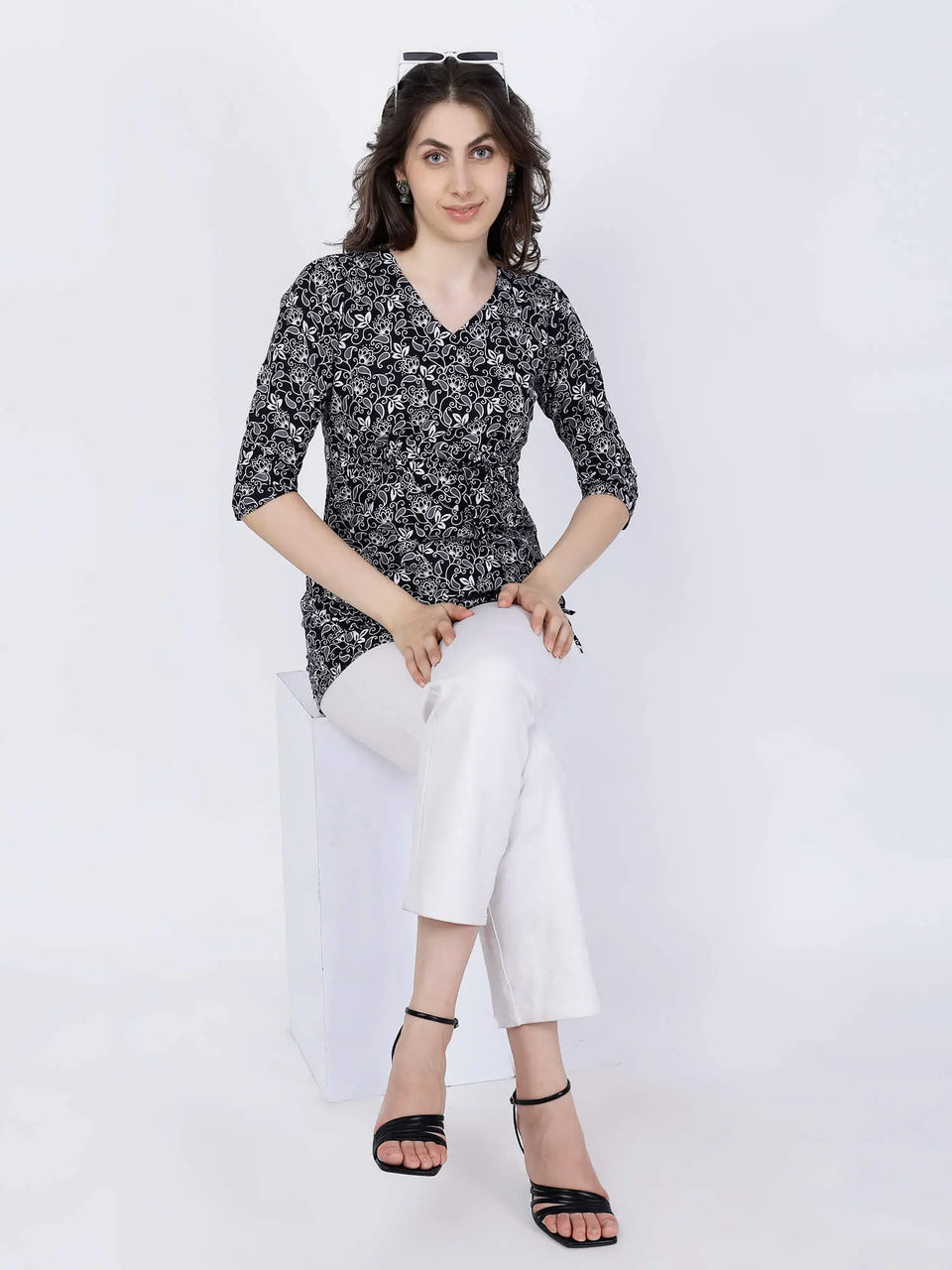 Full look of Premium Floral Cotton Short Kurti by Rabric