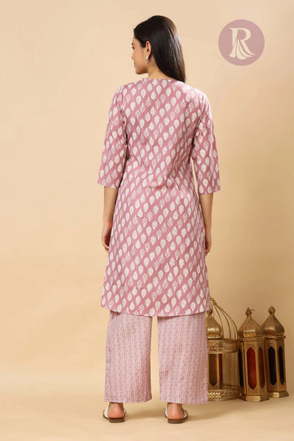Stylish two-piece cotton slub kurta set in pink for women