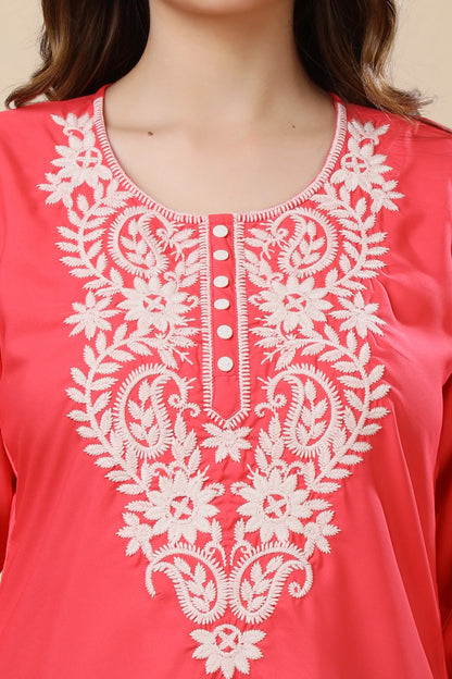 Rabric Women’s Coral Pink Crepe Short Kurti | Embroidered V Neck Short Kurti for Daily Wear, Office Wear & Casual Outings