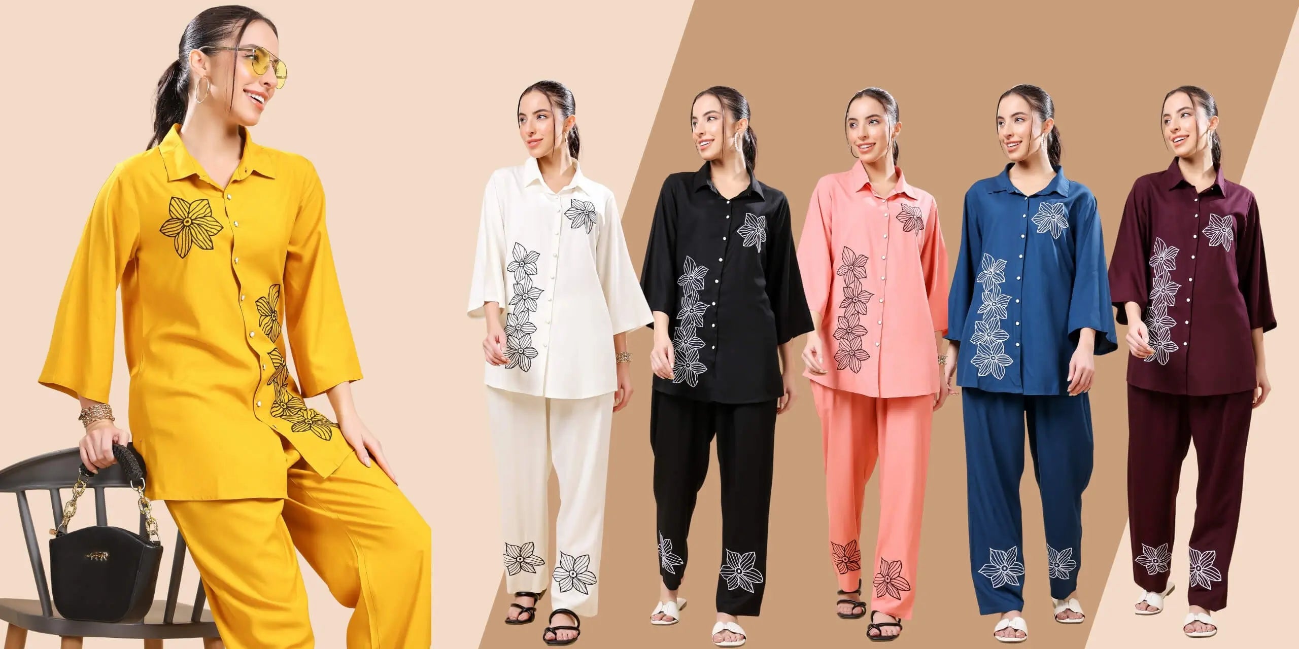 Trendy floral printed women’s coord set in multiple colors – yellow, white, black, peach, blue, and maroon – comfortable cotton outfit from Rabric Stores online ladies clothing collection