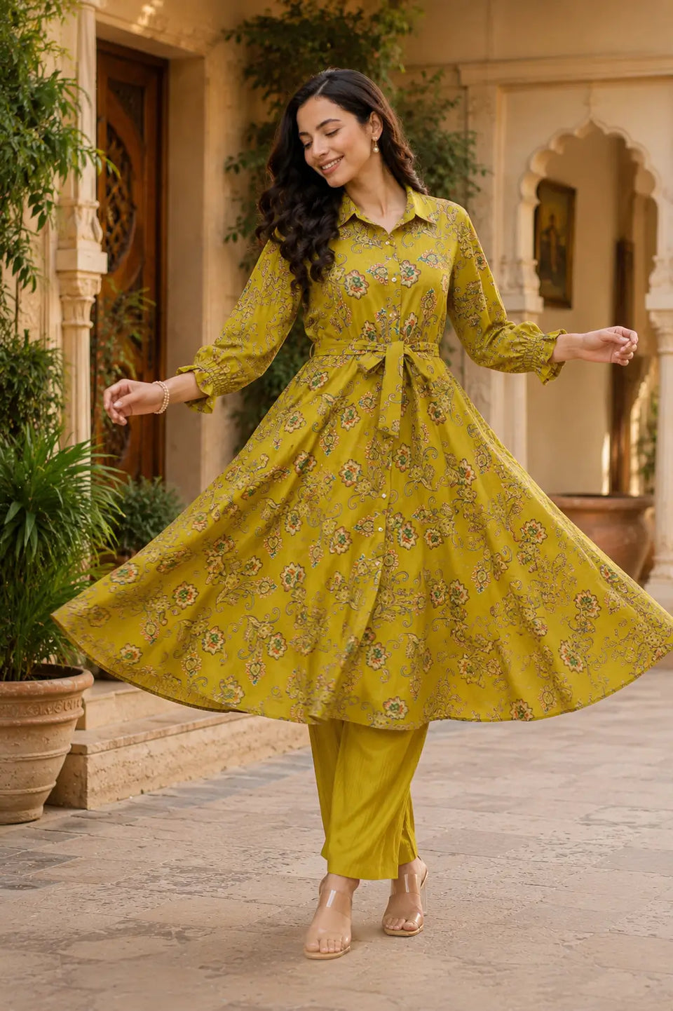 Stylish women’s 3/4 sleeve parrot green co-ord set in Vertican Silk