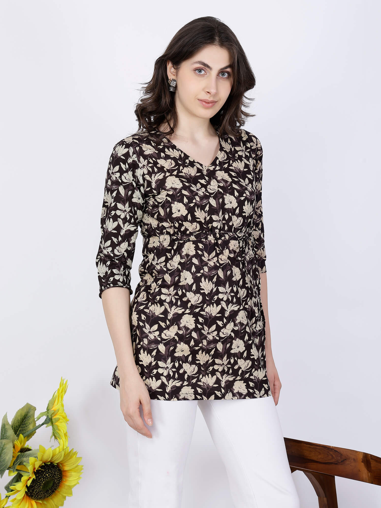 Trendy Brown Floral Kurti with Tie-Up Waist Design