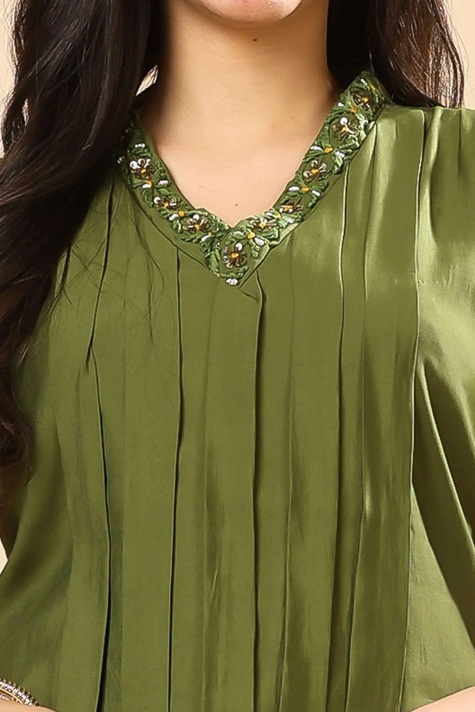 V neck embroidered rayon kurti neckline close-up