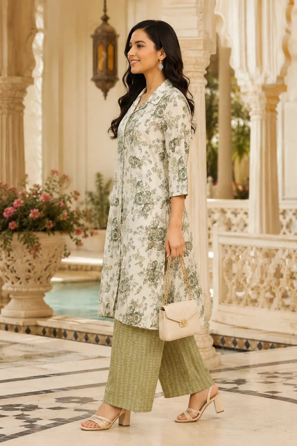 White cotton printed kurta set with straight pants for women