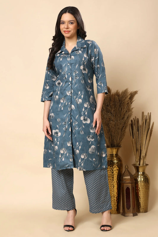 Women blue floral cambric cotton long co-ord set front view