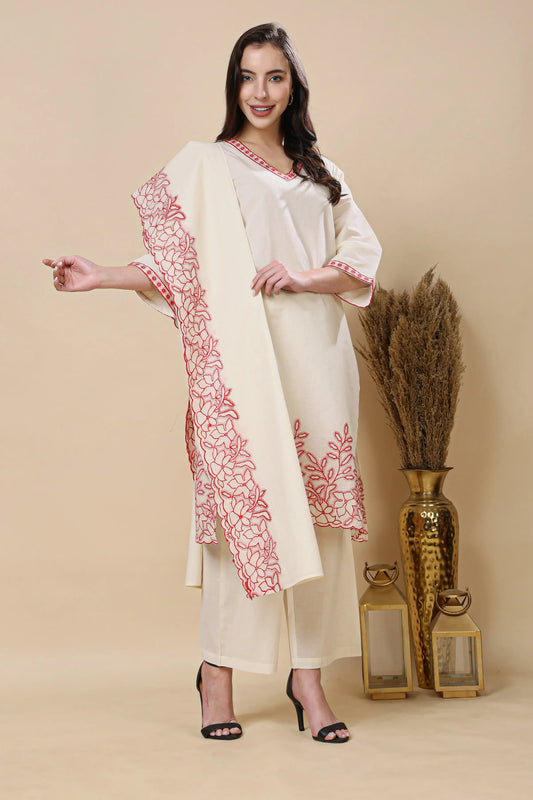 Women cotton kurta pant set with dupatta front view off white embroidered kurti