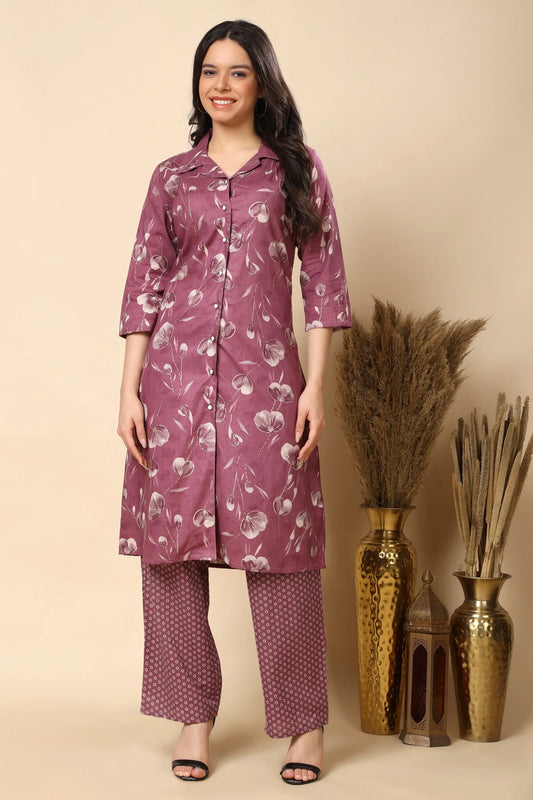 Women mauve floral long co-ord set front view cambric cotton kurta set