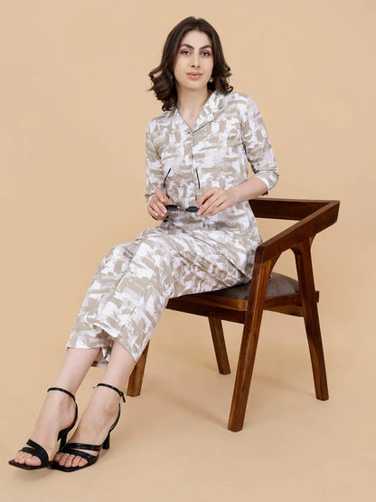 Trendy Women’s Beige & White Cotton Co-ord Set – Rabric Stores