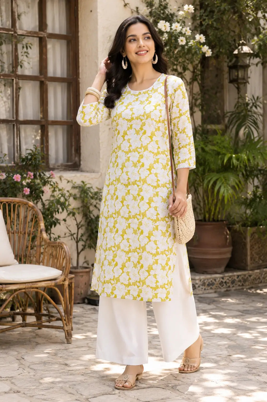 Women wearing yellow floral cotton kurti with white palazzo in casual lifestyle outdoor look by Rabric