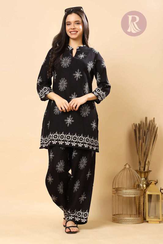 Black Vertican Silk co-ord set for women by Rabric with ethnic prints