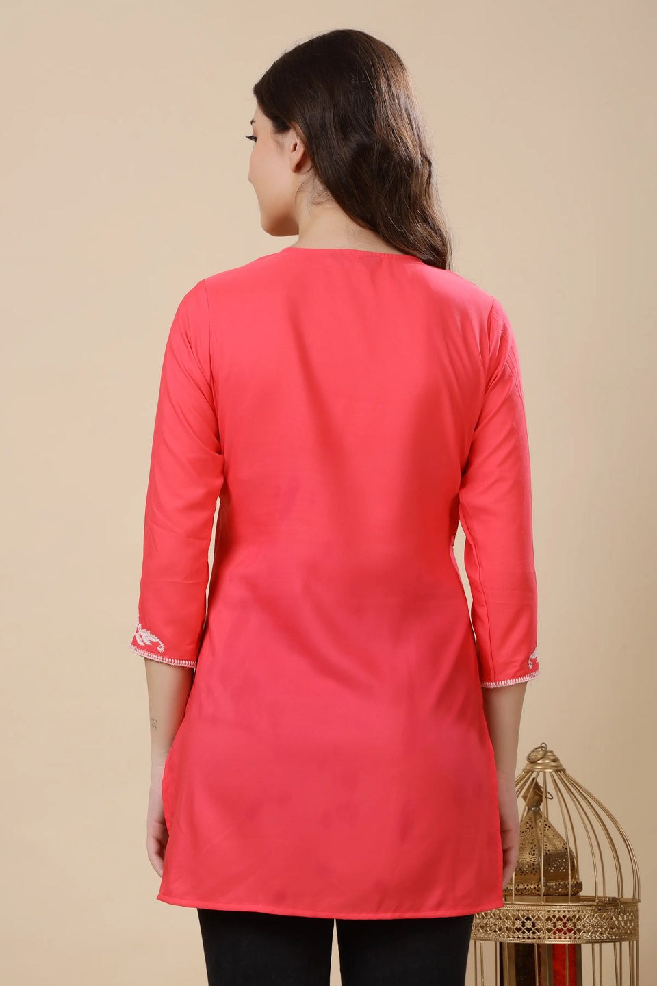 Rabric Women’s Coral Pink Crepe Short Kurti | Embroidered V Neck Short Kurti for Daily Wear, Office Wear & Casual Outings