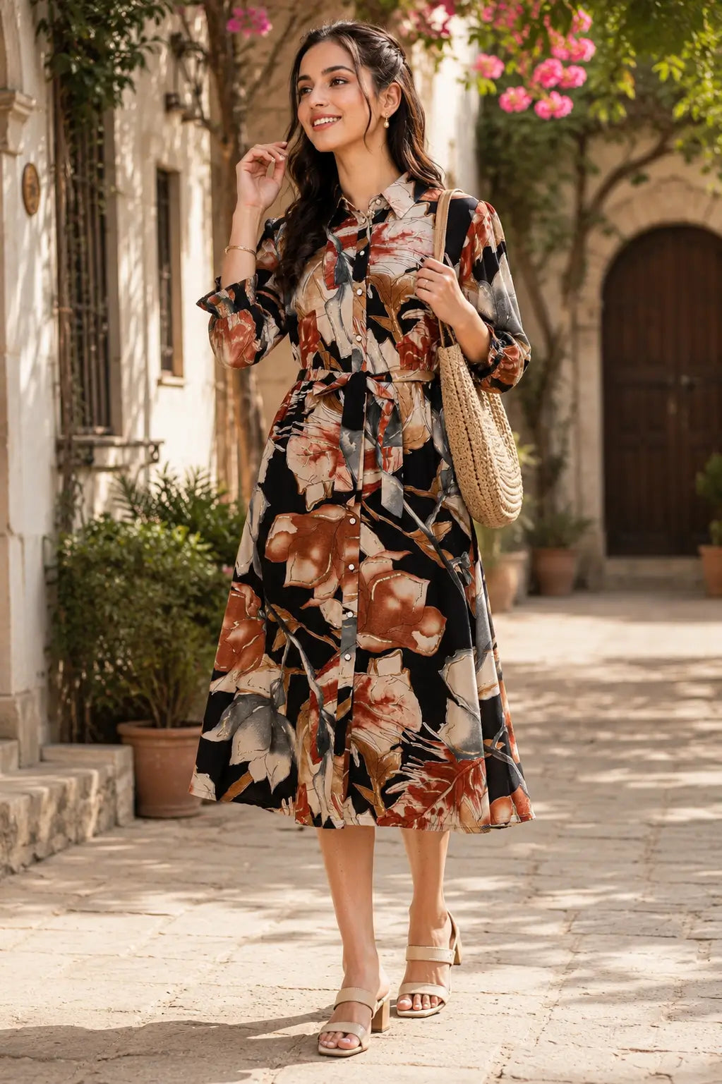 Woman wearing a black floral printed one-piece shirt dress with stylish collared neck, 3/4 sleeves, waist belt, and midi length styling in a casual outdoor lifestyle setting.