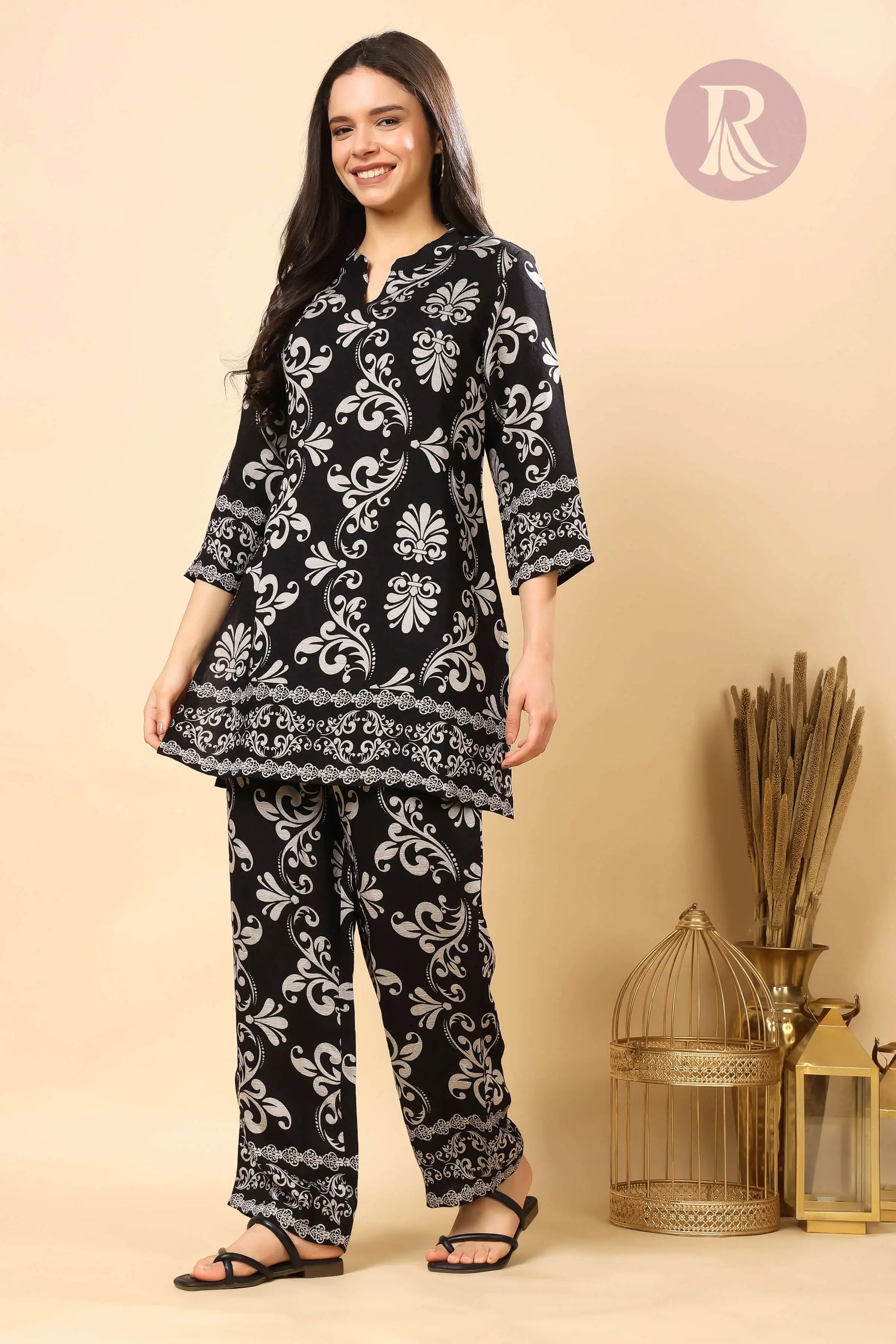 Full-length black and silver floral printed women’s vertican silk co-ord set