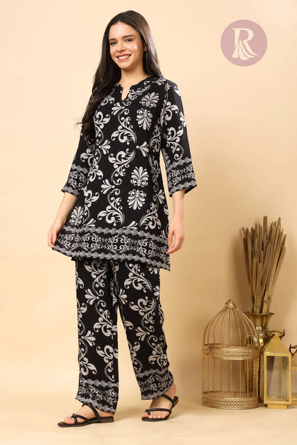 Full-length black and silver floral printed women’s vertican silk co-ord set