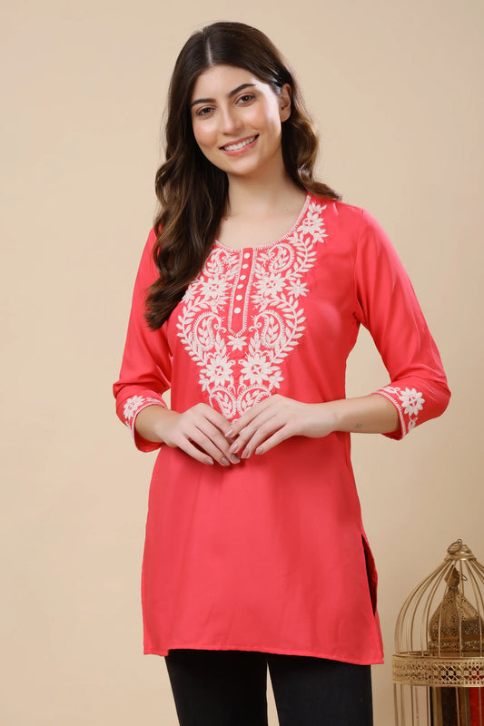 Rabric Women’s Coral Pink Crepe Short Kurti | Embroidered V Neck Short Kurti for Daily Wear, Office Wear & Casual Outings