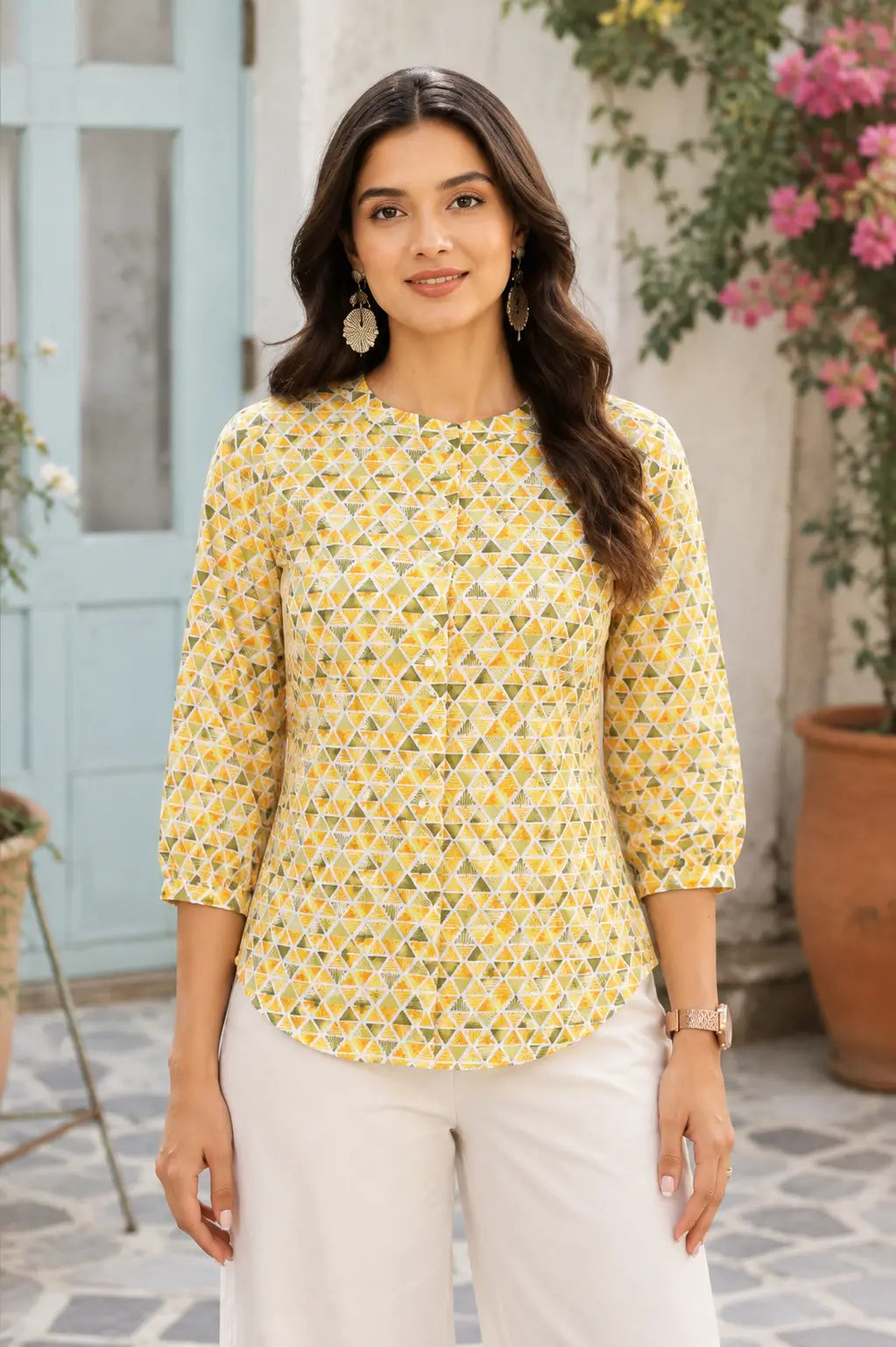 Yellow geometric print cotton women short top styled with modern casual fashion accessories by Rabric