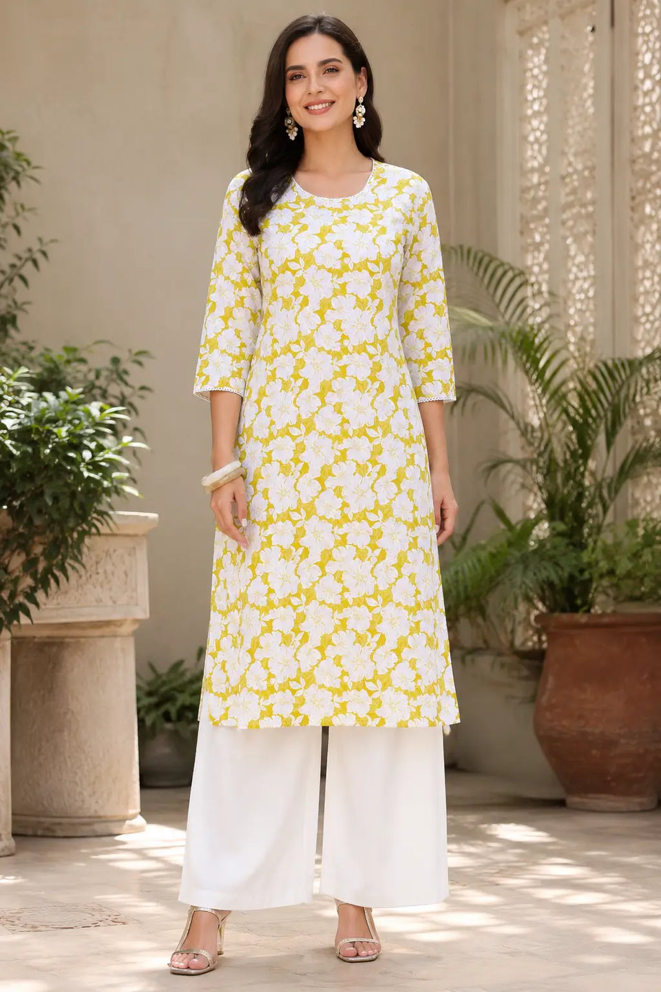 Rabric women yellow and white floral cotton kurti front view with 3/4 sleeves and stylish round neck design paired with white palazzo